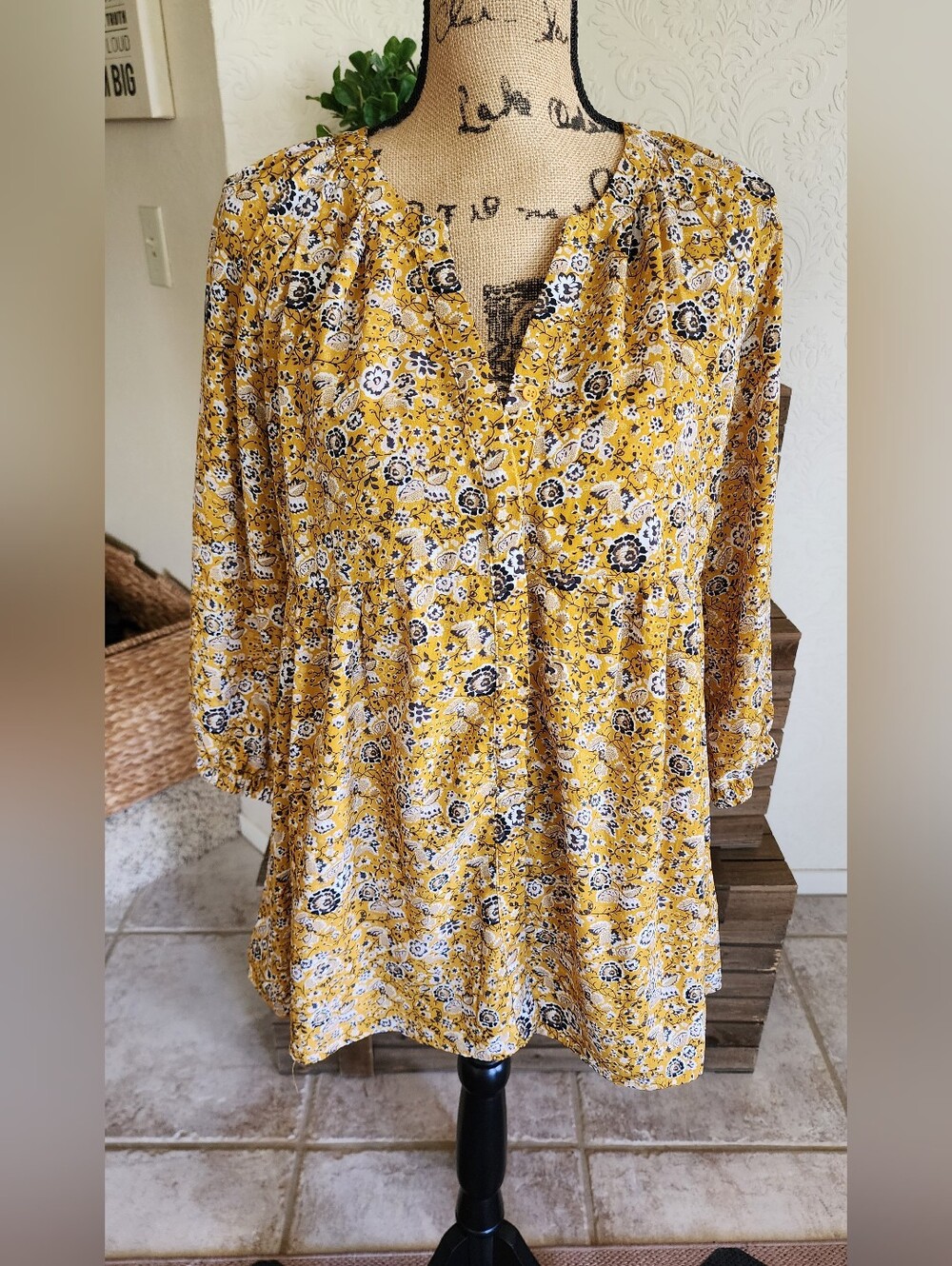 Women's Yellow Floral Peasant Top